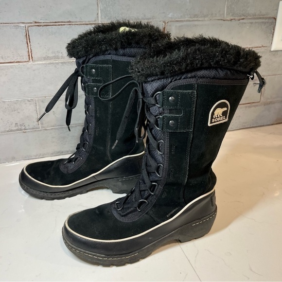 Sorel High Black Suede Mid Calf Lace Up Winter Boots 7 - Picture 1 of 13